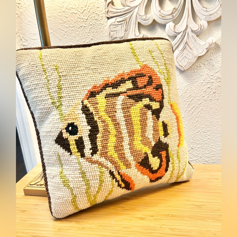 Vintage Needlepoint Tropical Fish Corduroy Handmade Cross Stitch Pillow 12 x 12